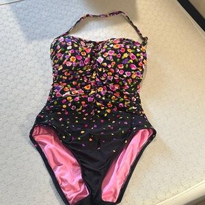 Anne Cole Black Floral One-Piece Swimsuit with Pink Lining
